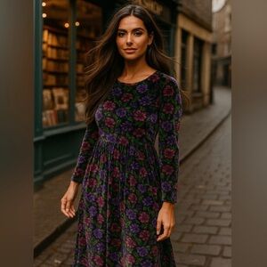 Vintage 90s Hanes Medium Signature Collection Floral Velvet Midi Cottage Dress